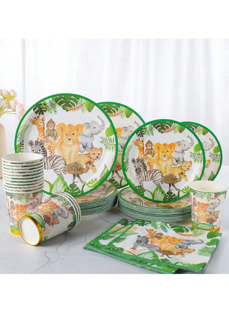 زينه اعياد ميلاد مجموعة من 96 قطعة لوازم مائدة الاحتفال تكفي 24 شخص تتكون من 24 طبق مقاس 9  بوصه و24 طبق مقاس7 بوصه مع  24 مناديل و24 كوب ورقي  بتصميم حيوانات الغابه مناسبه لزينه حفلات اعياد الميلاد و الحفلات المدرسية - Image 1
