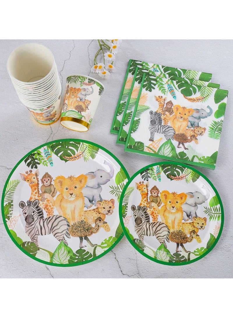 زينه اعياد ميلاد مجموعة من 96 قطعة لوازم مائدة الاحتفال تكفي 24 شخص تتكون من 24 طبق مقاس 9  بوصه و24 طبق مقاس7 بوصه مع  24 مناديل و24 كوب ورقي  بتصميم حيوانات الغابه مناسبه لزينه حفلات اعياد الميلاد و الحفلات المدرسية - Image 2
