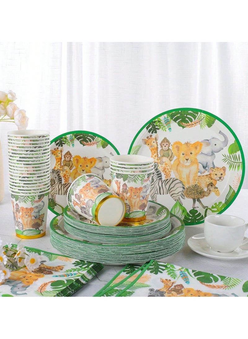 زينه اعياد ميلاد مجموعة من 96 قطعة لوازم مائدة الاحتفال تكفي 24 شخص تتكون من 24 طبق مقاس 9  بوصه و24 طبق مقاس7 بوصه مع  24 مناديل و24 كوب ورقي  بتصميم حيوانات الغابه مناسبه لزينه حفلات اعياد الميلاد و الحفلات المدرسية - Image 3