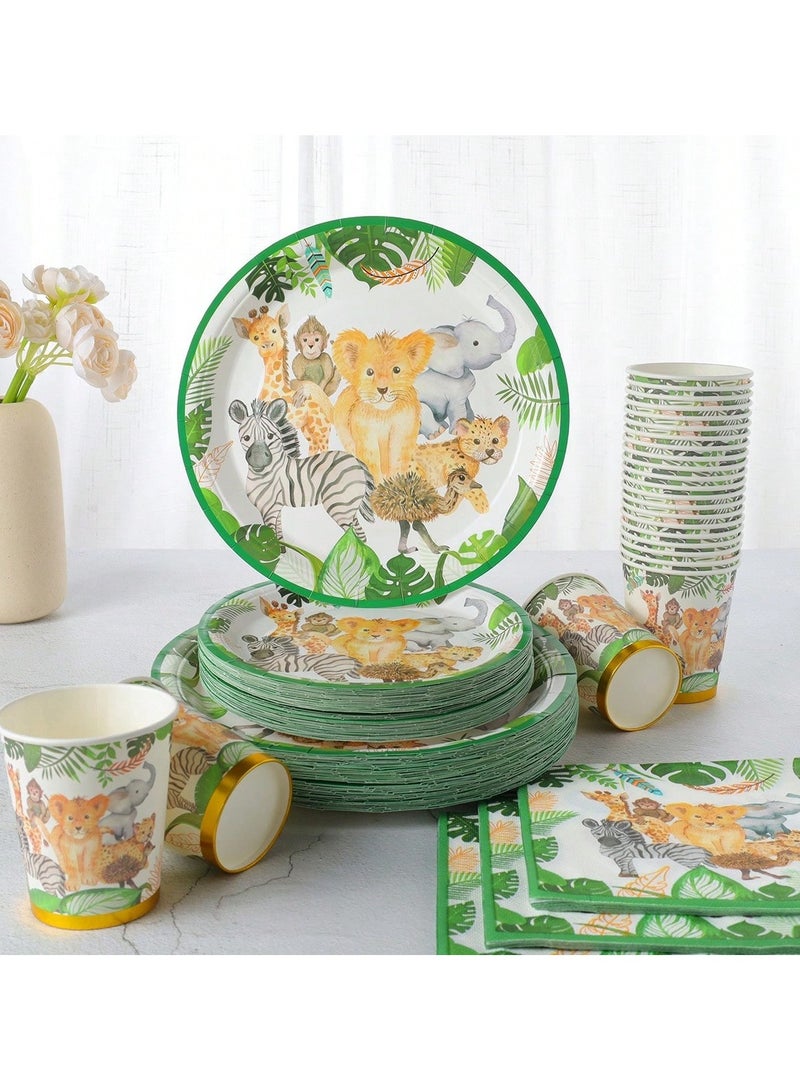 زينه اعياد ميلاد مجموعة من 96 قطعة لوازم مائدة الاحتفال تكفي 24 شخص تتكون من 24 طبق مقاس 9  بوصه و24 طبق مقاس7 بوصه مع  24 مناديل و24 كوب ورقي  بتصميم حيوانات الغابه مناسبه لزينه حفلات اعياد الميلاد و الحفلات المدرسية - Image 4