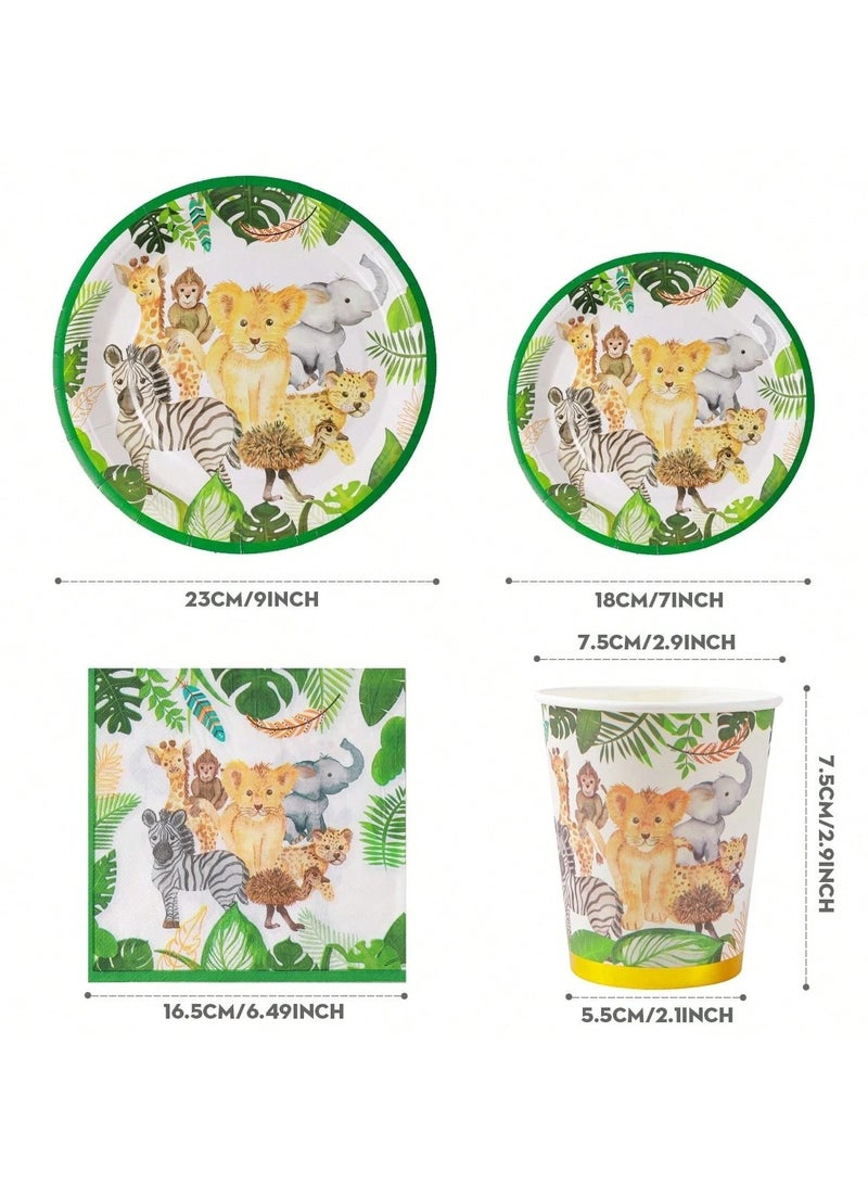 زينه اعياد ميلاد مجموعة من 96 قطعة لوازم مائدة الاحتفال تكفي 24 شخص تتكون من 24 طبق مقاس 9  بوصه و24 طبق مقاس7 بوصه مع  24 مناديل و24 كوب ورقي  بتصميم حيوانات الغابه مناسبه لزينه حفلات اعياد الميلاد و الحفلات المدرسية - Image 5