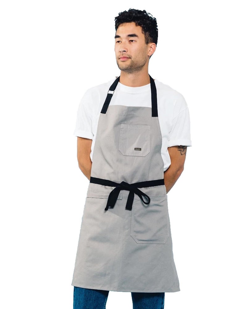 Caldo Daily Cotton Kitchen Apron for Cooking Mens and Womens Professional Chef or Server Bib Apron  Adjustable Straps with Pockets and Towel Loop Grey