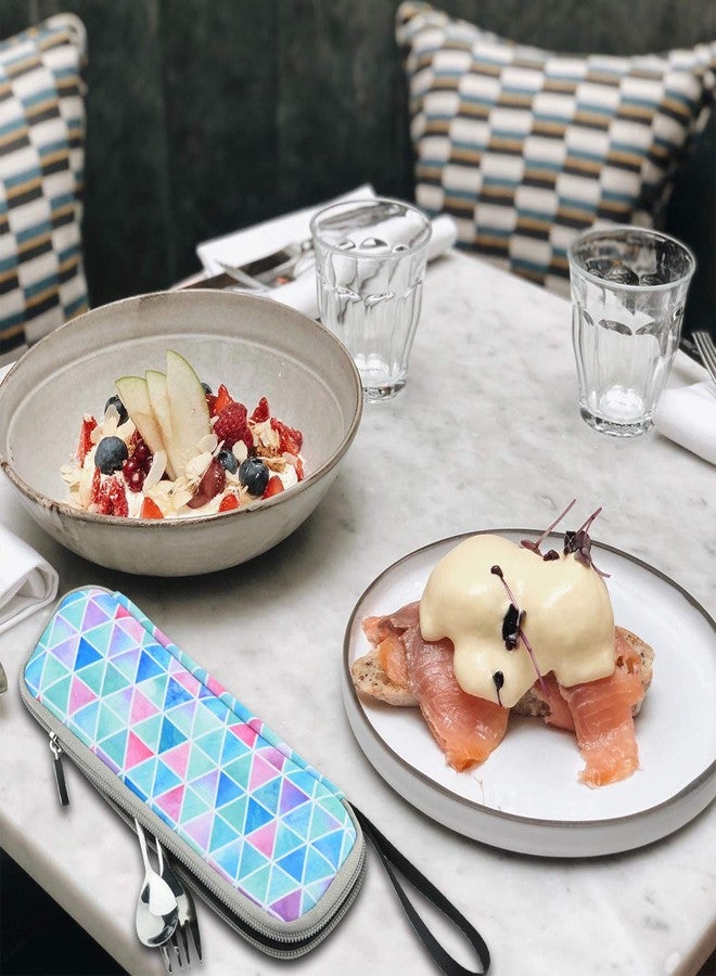 سي ام حقيبة حمل أدوات المائدة المحمولة القابلة لإعادة الاستخدام للسفر من سي إم، حافظة تخزين، منظم أدوات المائدة، حامل أدوات المائدة (نمط مثلث أزرق باهت) - Image 5