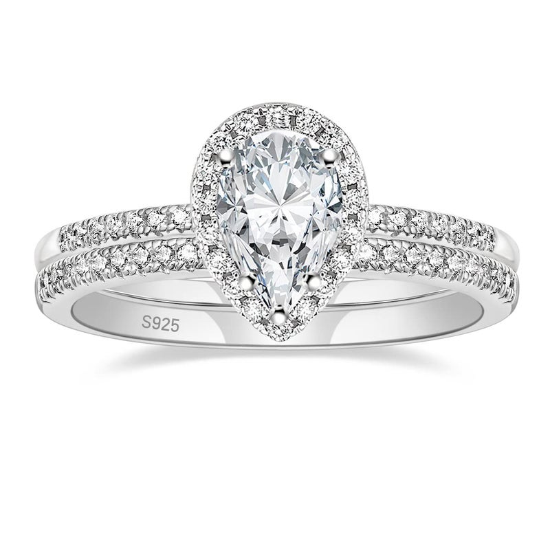 EAMTI 1.5CT 925 Sterling Silver Wedding Band Teardrop Bridal Rings Sets Halo Cubic Zirconia Solitaire Promise Engagement Rings for Women Size 5 - Image 1