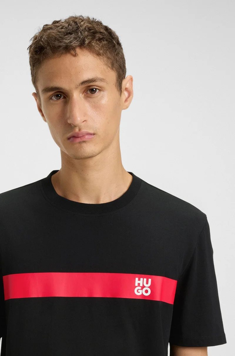 HUGO Cotton-jersey T-shirt with stripe and logo