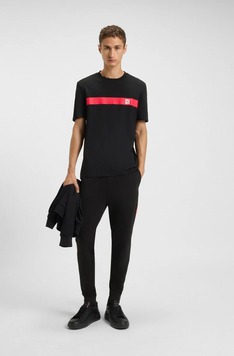 HUGO Black Cotton-jersey T-shirt with stripe and logo for Men | Best Price UAE