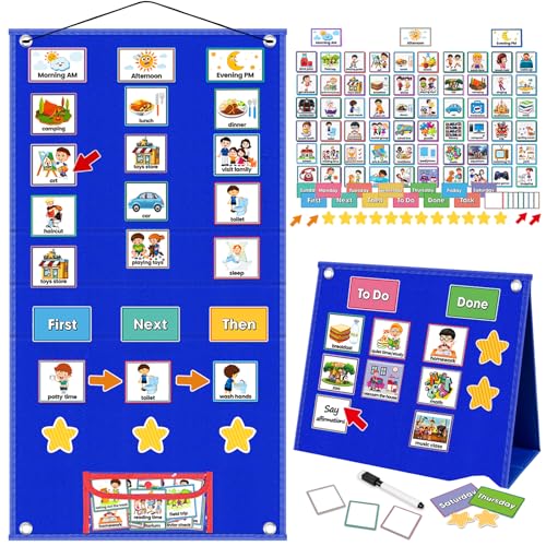 ALSLEA Large Visual Schedule for Kids with Autism Chore Chart for Kids Daily Routine Chart Autism Learning Materials Toddler Planning Board Visual Schedule for Classroom, Home with 124 Cards (Blue) - Image 1