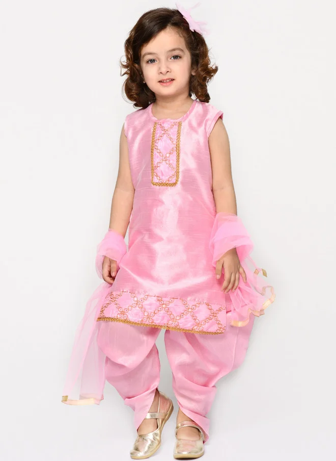 Saka Designs Girls Pink Embroidered Kurta with Dhoti Pants