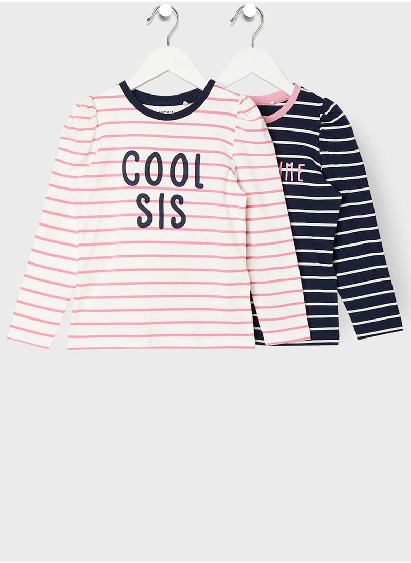 NAME IT Kids 2 Pack Striped Slogan T-Shirt  - Image 1