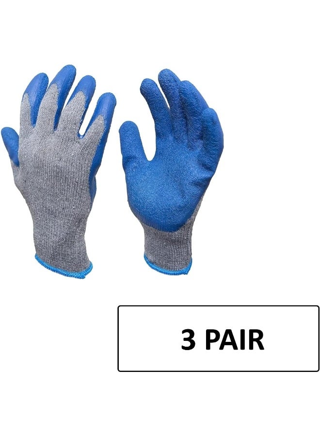 Poaker قفازات عمل مطاطية مزدوجة الطلاء مع قبضة للبناء، قفازات حديقة، قطن ثقيل مختلط باللون الأزرق مقاس موحد (3 أزواج) - Image 2