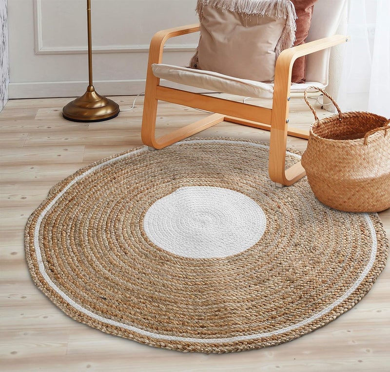 SASHAA WORLD Indoor Round Rugs Indian Unique Handmade Braided Jute Carpet Home Decor Bohemian Floor Decor Cotton Mat for Home Living Room Hallway Bedroom