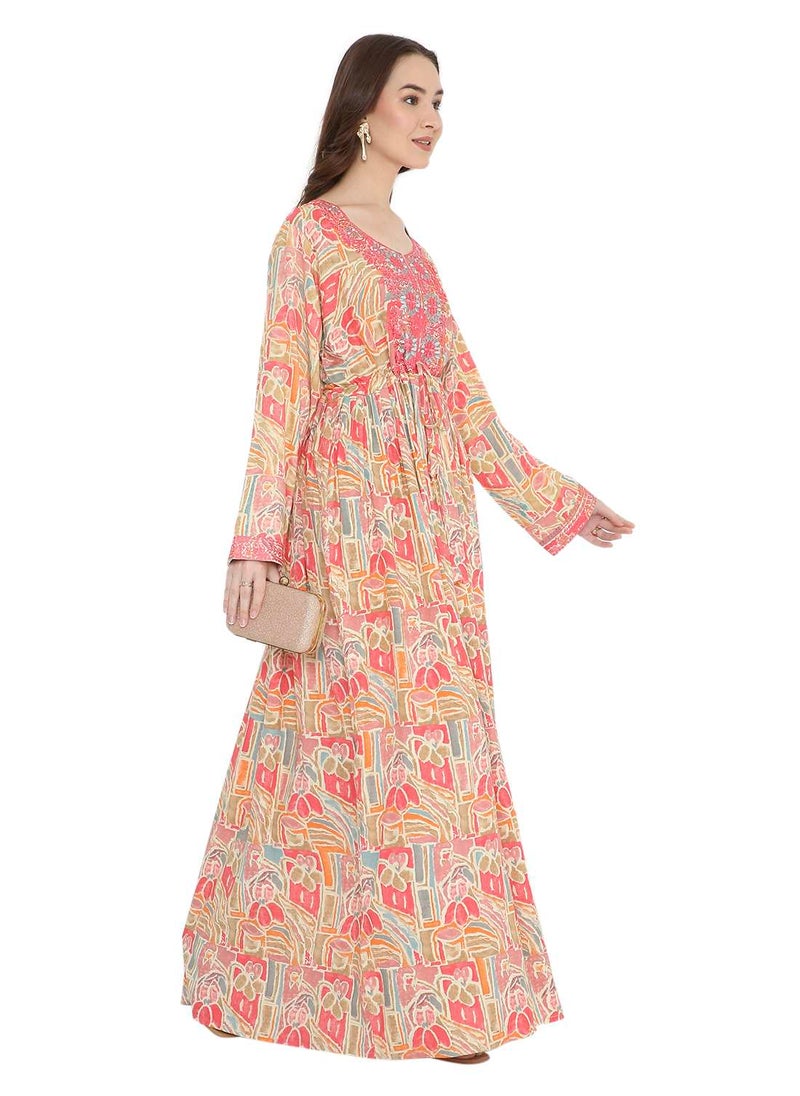 HANA & SARA UNIQUE THREAD COLOUR EMBROIDERY WITH STYLISH PRINTED ARABIC KAFTAN JALABIYA DRESS  - Image 1