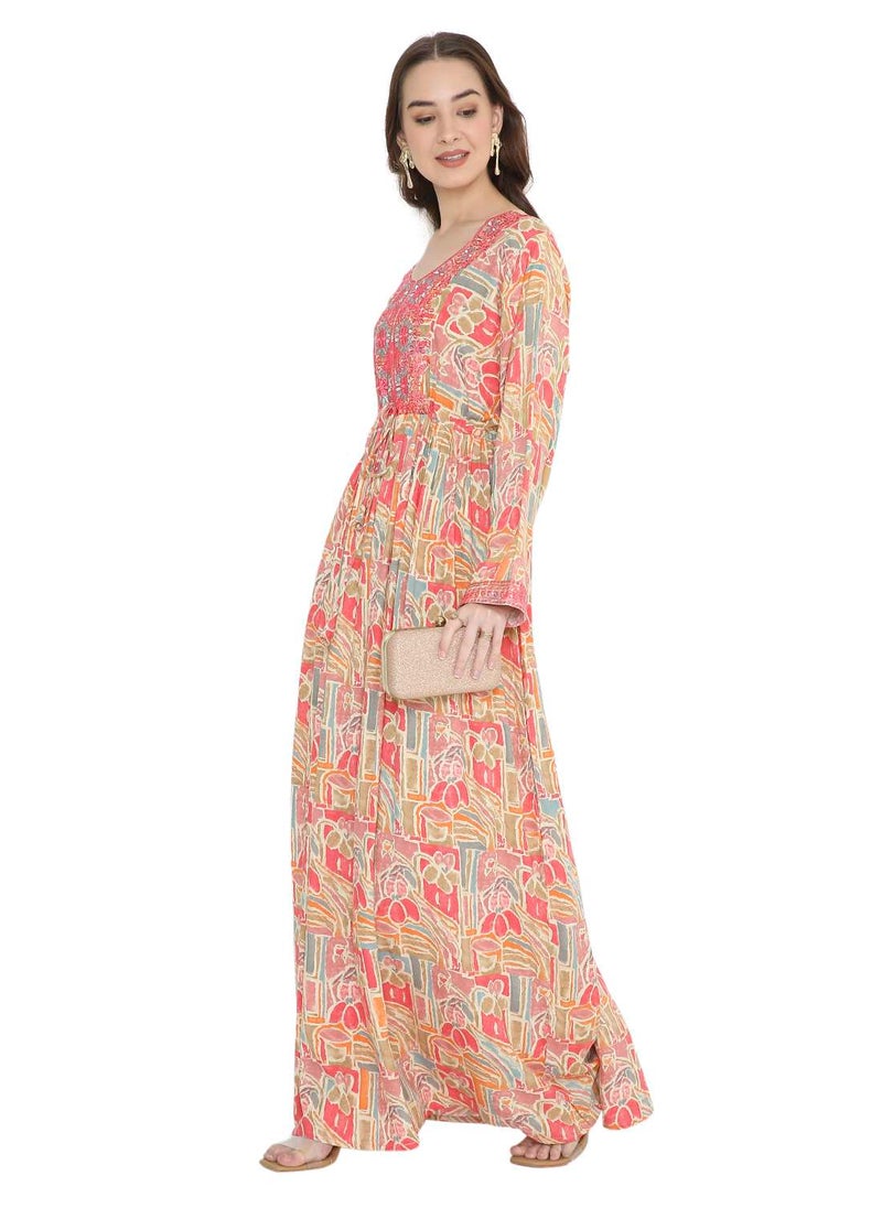 HANA & SARA UNIQUE THREAD COLOUR EMBROIDERY WITH STYLISH PRINTED ARABIC KAFTAN JALABIYA DRESS  - Image 5