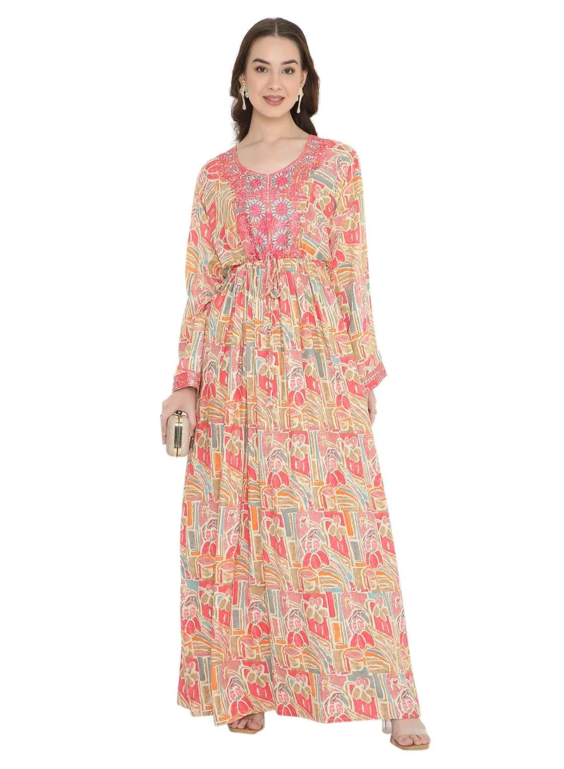 HANA & SARA UNIQUE THREAD COLOUR EMBROIDERY WITH STYLISH PRINTED ARABIC KAFTAN JALABIYA DRESS