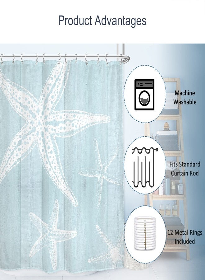 AMBZEK Beachy Shower Curtain Blue Coastal Beach Starfish Farmhouse Nautical Barn 60Wx72L Inch Wooden Plank Ocean Vintage Pastel Rustic Country Cloth Fabric Polyester Bathroom Decor Set 12 Pack Hooks - Image 3