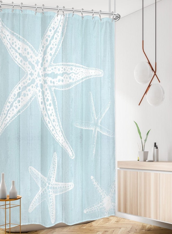 AMBZEK Beachy Shower Curtain Blue Coastal Beach Starfish Farmhouse Nautical Barn 60Wx72L Inch Wooden Plank Ocean Vintage Pastel Rustic Country Cloth Fabric Polyester Bathroom Decor Set 12 Pack Hooks - Image 2