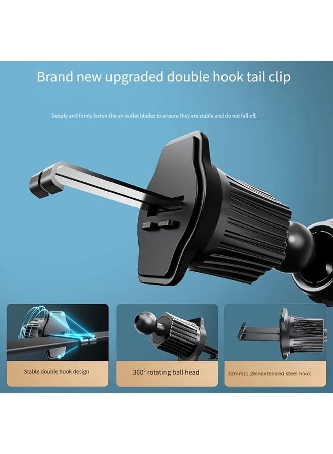 Black KM 59 Adjustable Car Phone Holder Dual Hooks Heavy Duty Metal Air Vent Clip Mount 360 Rotating Ball Head Extended Steel Hooks - Image 2