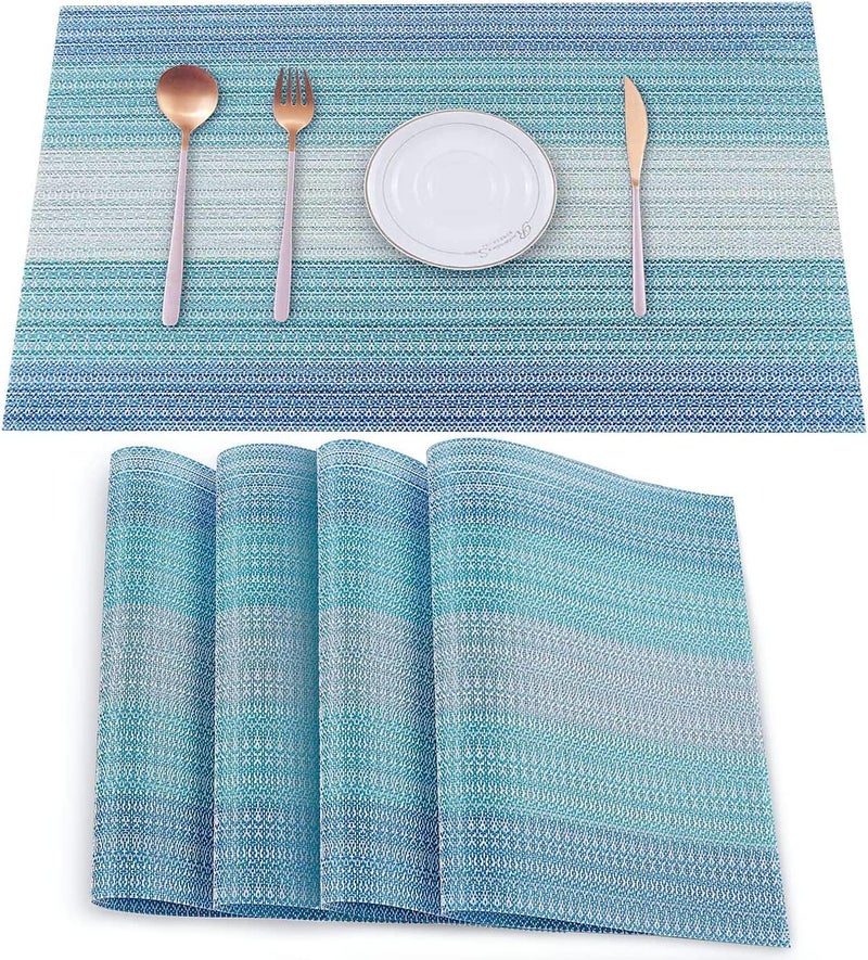 Potency Table Mats Set of 4, Woven Placemats for Dining Table, Heat-Resistant Placemats Stain Resistant Anti-Skid Washable PVC Table Mats, Vinyl Placemats for Dining Kitchen Restaurant Table (H-Blue) - Image 1