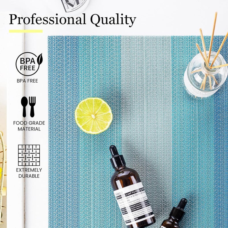Potency Table Mats Set of 4, Woven Placemats for Dining Table, Heat-Resistant Placemats Stain Resistant Anti-Skid Washable PVC Table Mats, Vinyl Placemats for Dining Kitchen Restaurant Table (H-Blue) - Image 2