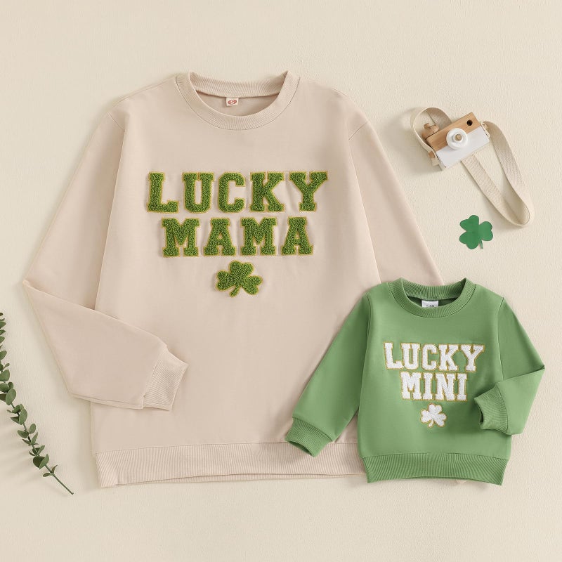 Karuedoo Mommy and Me Outfits St Patricks Day Family Matching Outfits Letter Clover Crewneck Sweatshirt Long Sleeve Shirt Top (Baby, 18-24 Months, Beige Green) - Image 4
