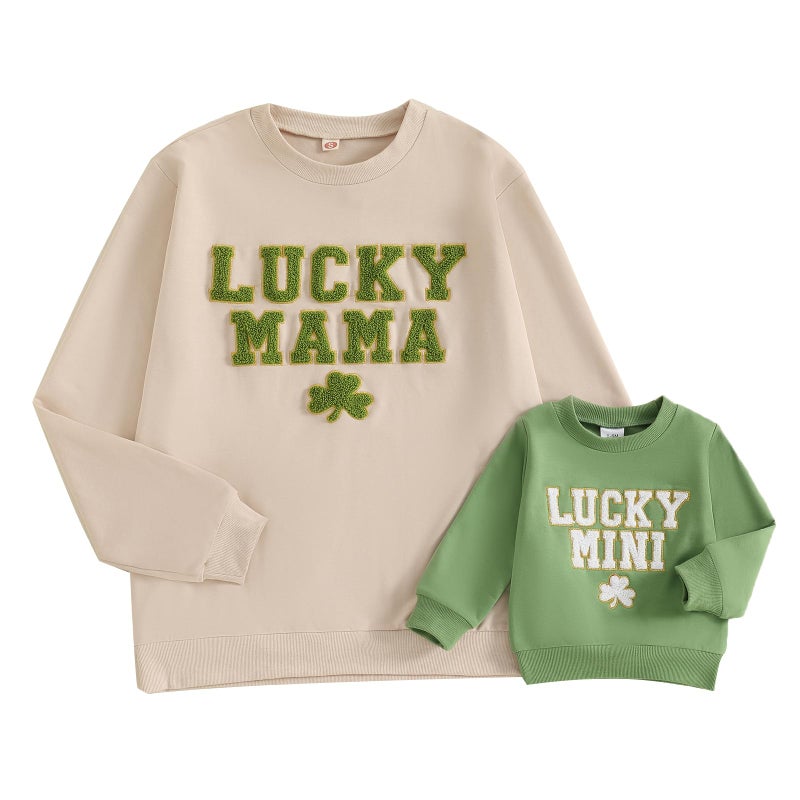 Karuedoo Mommy and Me Outfits St Patricks Day Family Matching Outfits Letter Clover Crewneck Sweatshirt Long Sleeve Shirt Top (Baby, 18-24 Months, Beige Green) - Image 1