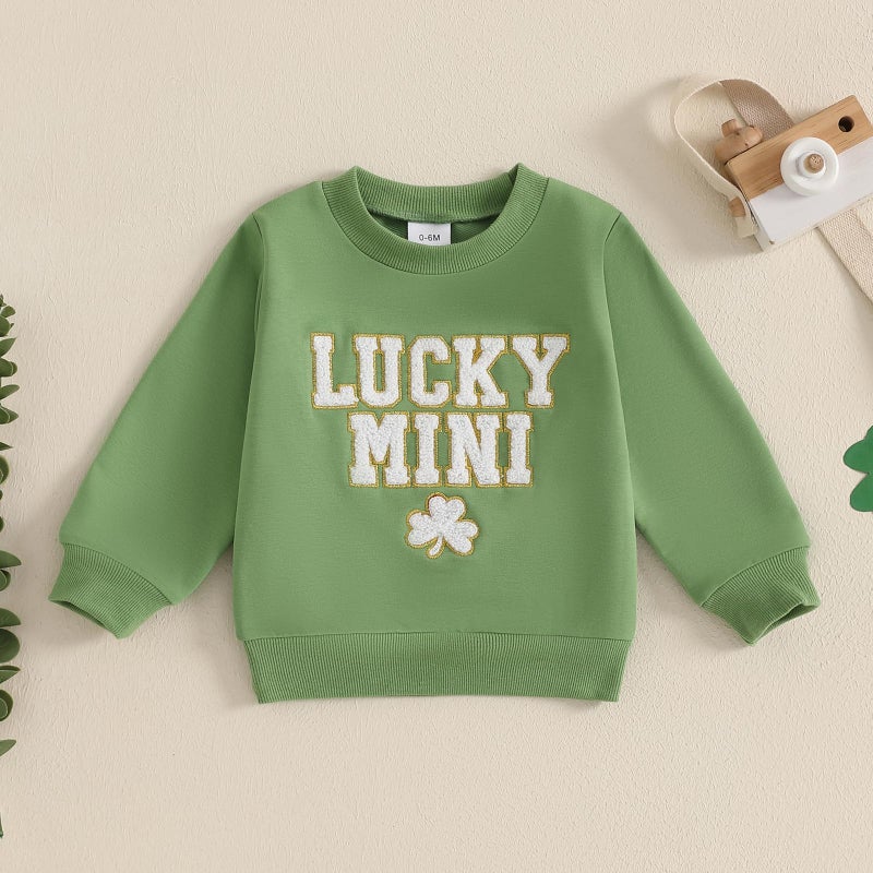 Karuedoo Mommy and Me Outfits St Patricks Day Family Matching Outfits Letter Clover Crewneck Sweatshirt Long Sleeve Shirt Top (Baby, 18-24 Months, Beige Green) - Image 3
