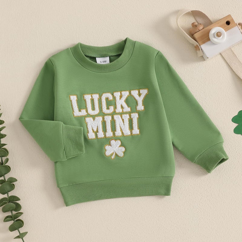 Karuedoo Mommy and Me Outfits St Patricks Day Family Matching Outfits Letter Clover Crewneck Sweatshirt Long Sleeve Shirt Top (Baby, 18-24 Months, Beige Green) - Image 5