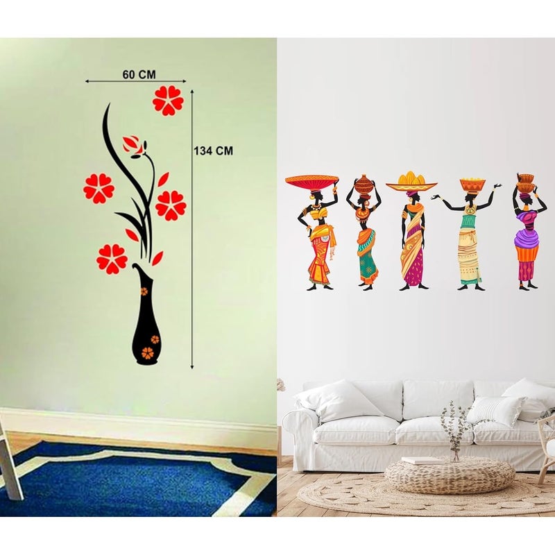 WALLBOOK Set of 2 Wall Stickers Flower Vase Red | Nigerian Lady for Home, Hall, Bedroom, Livingroom & Kitchen - Image 1