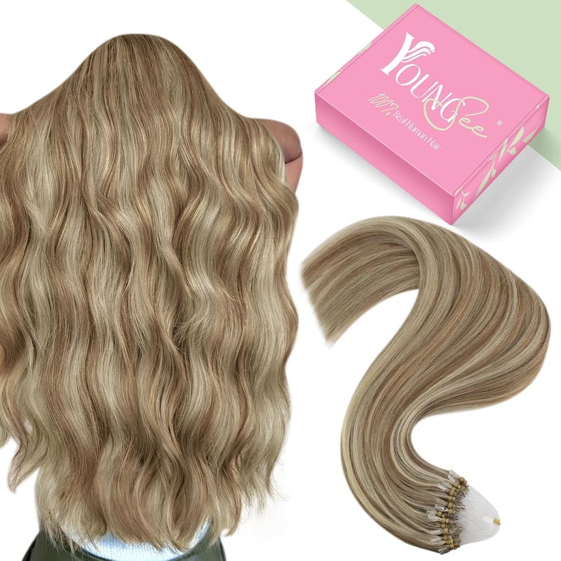 YoungSee Microbead Hair Extensions Highlight Microlink Hair Extensions Human Hair Light Brown Highlight Blonde Micro Beads Hair Extensions for Short Hair 14In 50s 50g Beaded Hair Extensions Soft