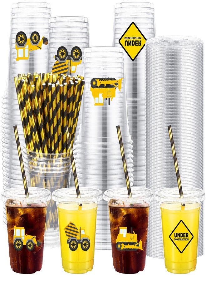 Inbagi 100 Sets 12oz Kids Party Plastic Cups with Lids and Straws Disposable Plastic Cups with Stickers for Birthday Baby Shower Disposable Cold Party Favor Drinking - Image 1