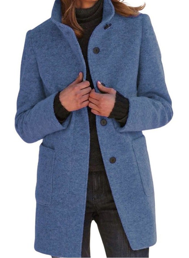 CHARTOU Women Winter Long Pea Coat Wool Blend Stand Collar Single Breast Thicken Blazer Jacket (Large, Blue) - Image 1