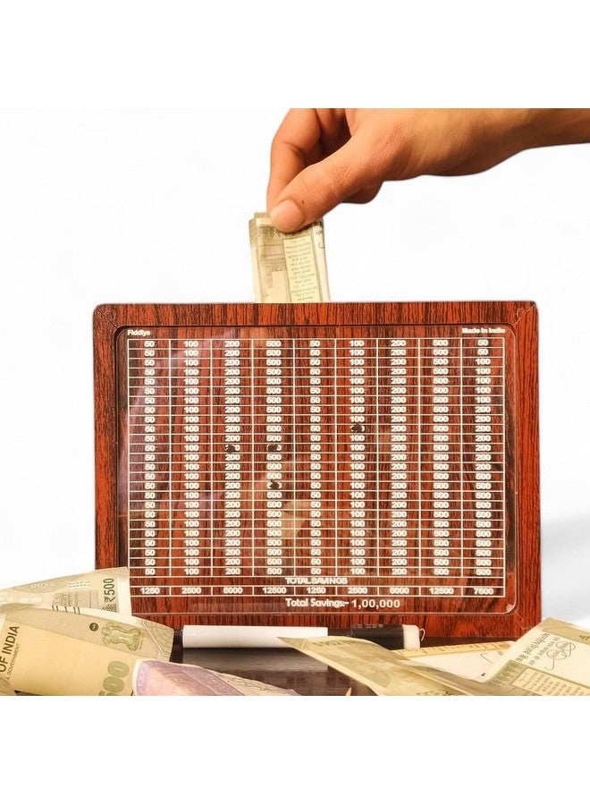 Fiddlys Wooden Money/Piggy Bank, Money Coin Box with Carved Design for Kids/Children, Savings Challenge Box, Cashbox, Cash Vault Wooden Savings Box,Wooden Coin Piggy Bank (Wood, Rs 1,00,000) - Image 1