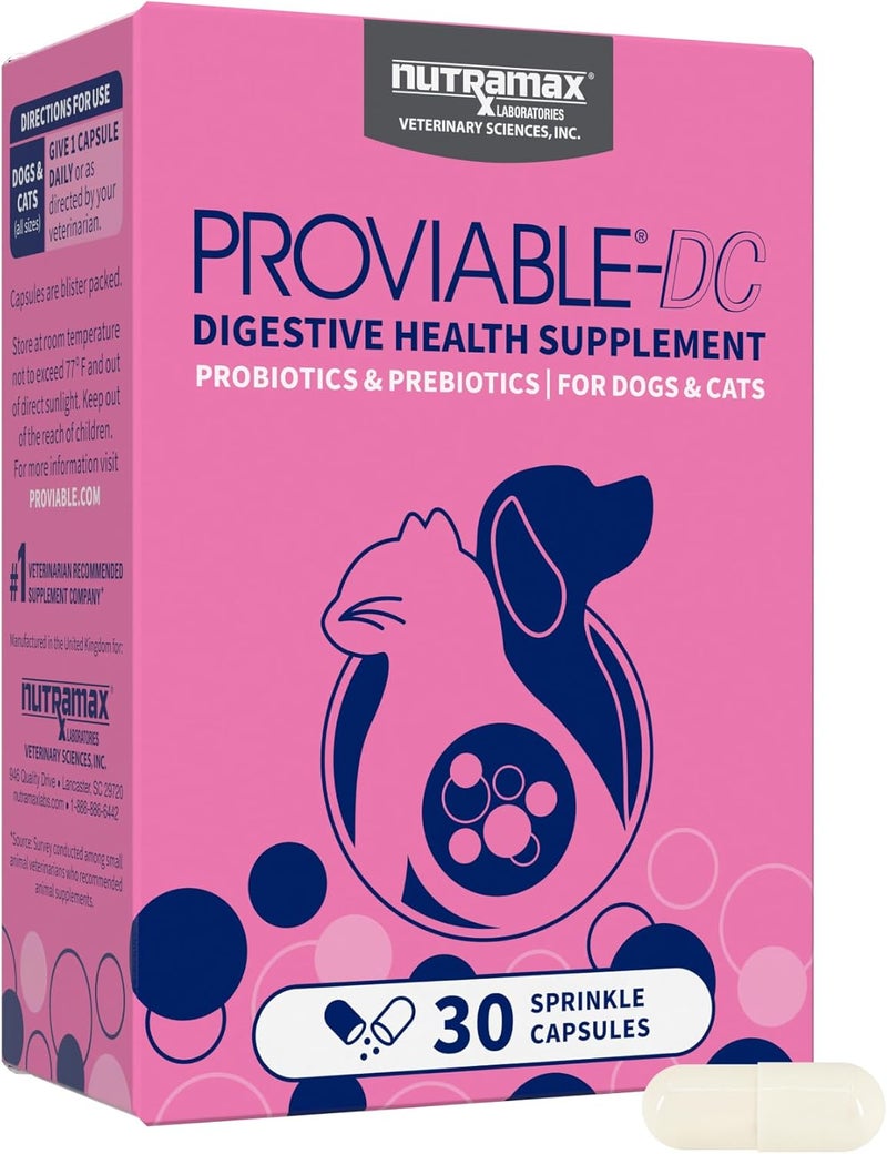 Nutramax Laboratories Nutramax Proviable Digestive Health Supplement Multi-Strain Probiotics and Prebiotics for Cats and Dogs - With 7 Strains of Bacteria, 30 Capsules - Image 1