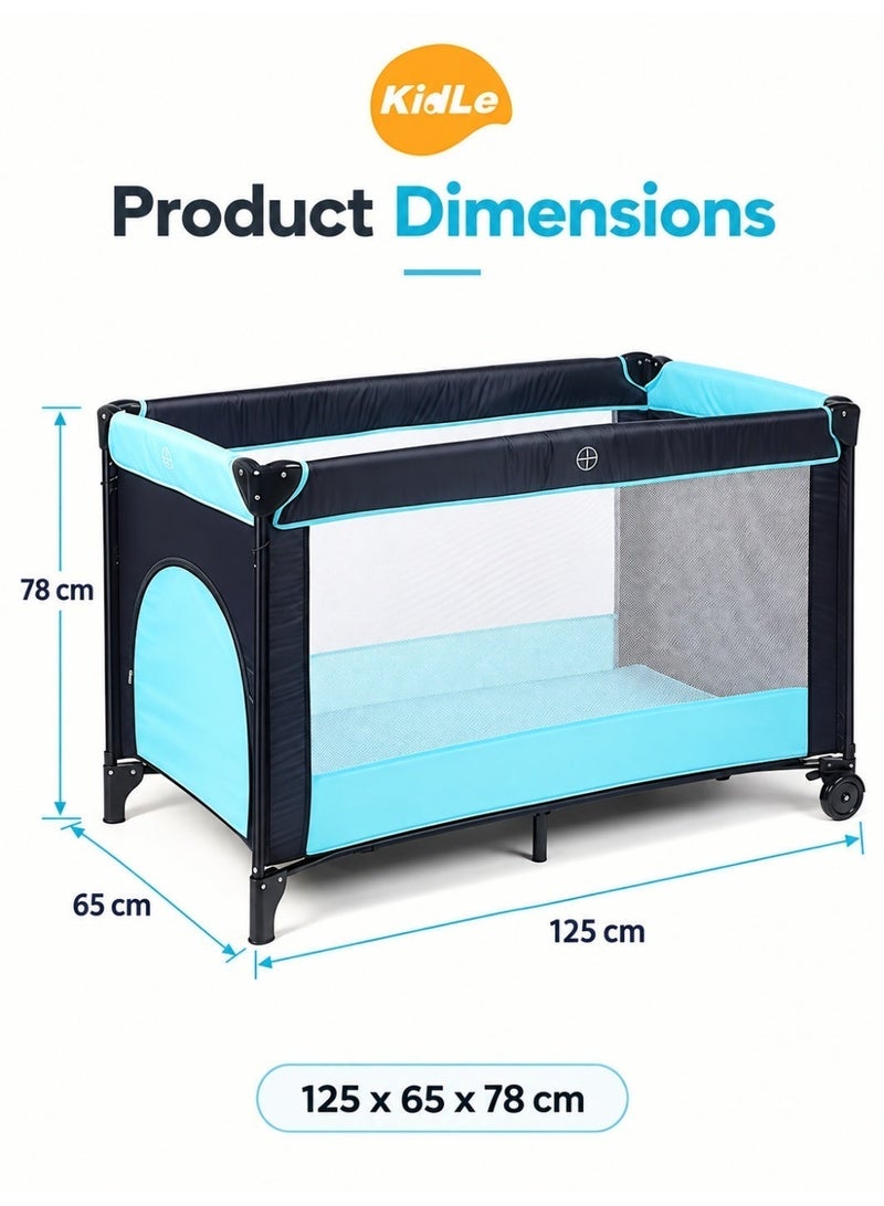 KidLe Foldable Baby Travel Cot and Playpen with Mattress and Wheels, Blue, 125 x 65 x 78 cm - Image 3
