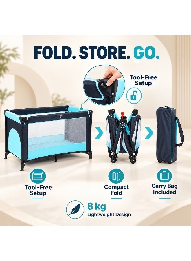 KidLe Foldable Baby Travel Cot and Playpen with Mattress and Wheels, Blue, 125 x 65 x 78 cm - Image 2