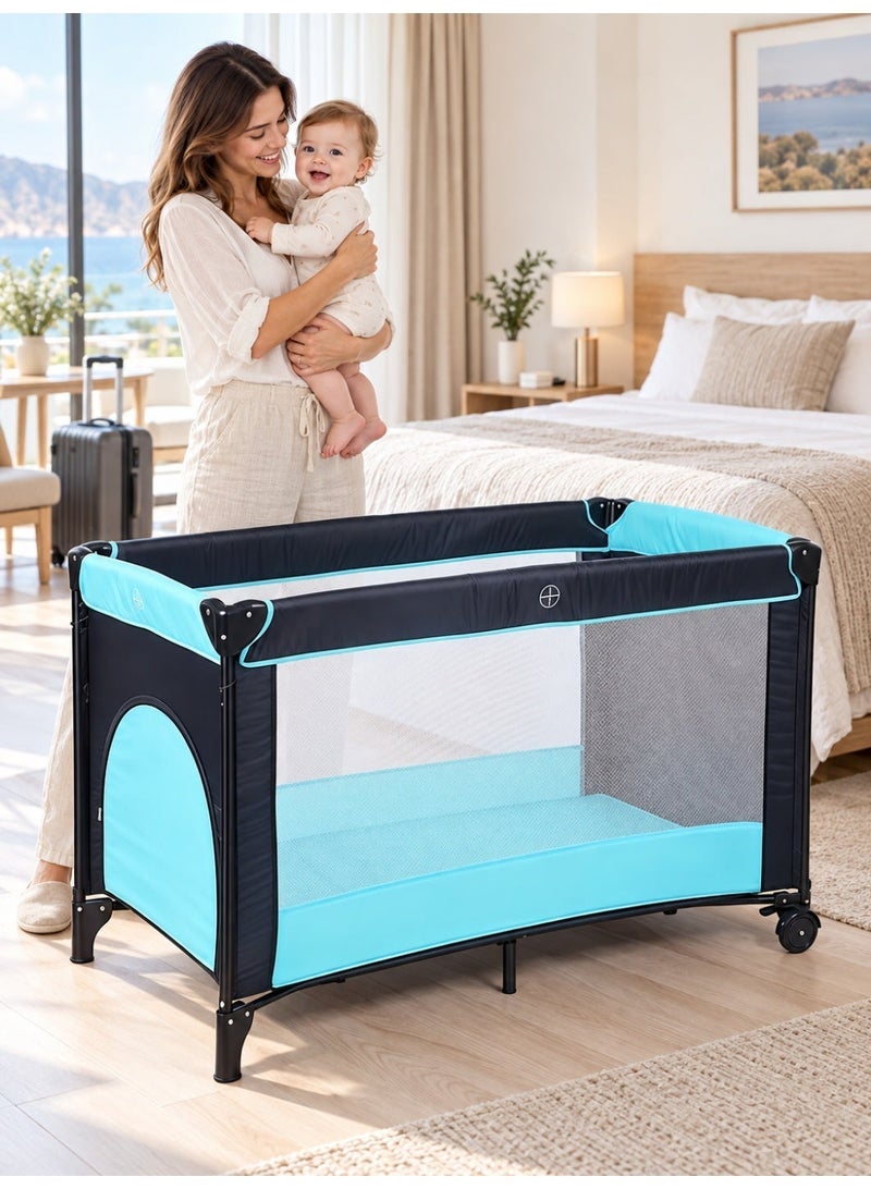 KidLe Foldable Baby Travel Cot and Playpen with Mattress and Wheels, Blue, 125 x 65 x 78 cm - Image 4