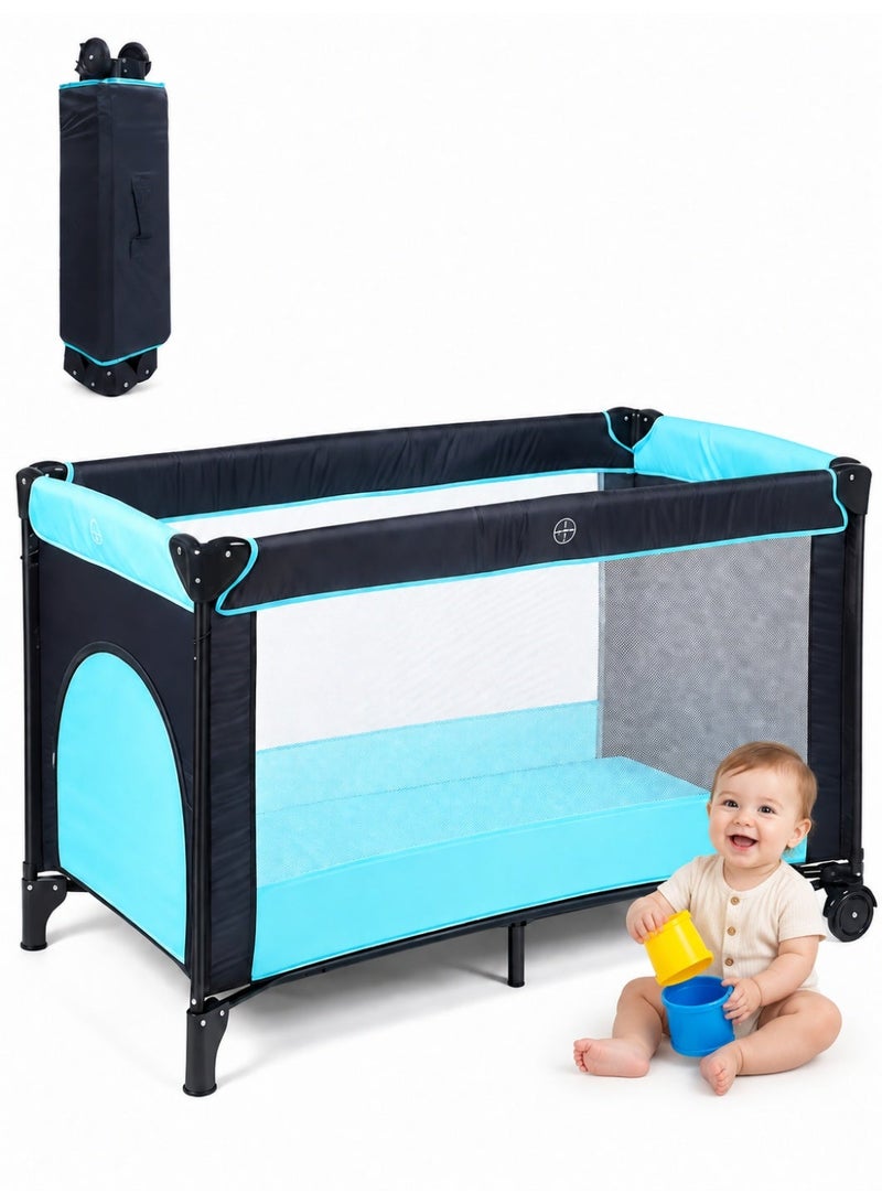 KidLe Foldable Baby Travel Cot and Playpen with Mattress and Wheels, Blue, 125 x 65 x 78 cm - Image 1