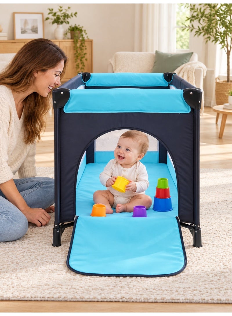 KidLe Foldable Baby Travel Cot and Playpen with Mattress and Wheels, Blue, 125 x 65 x 78 cm - Image 5