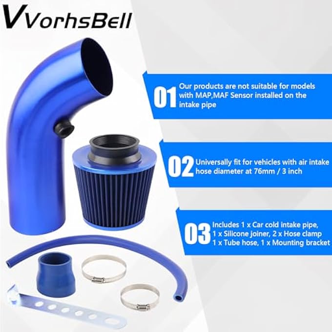VVORHSBELL Universal Air Intake Filter Kit,3" 76mm Cone Alumimum Car Cold Air Intake Filter Induction Kit Pipe Hose System Compatible with Car Automobile Racing - Image 4