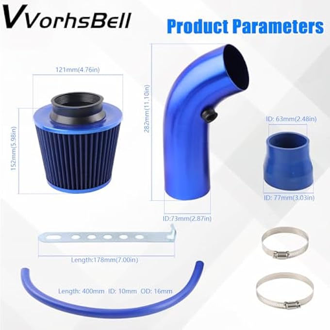 VVORHSBELL Universal Air Intake Filter Kit,3" 76mm Cone Alumimum Car Cold Air Intake Filter Induction Kit Pipe Hose System Compatible with Car Automobile Racing - Image 3