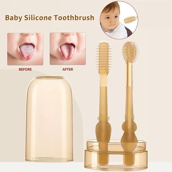 SUNBEET Oral Cleaning Brush 2 In 1 Toothbrush Tongue Brush Bpa Free Soft Silicone Bristle Oral Care Toothbrush For Baby 6 Month To 24 Months,With Storage Box - Manual,Baby - Image 3
