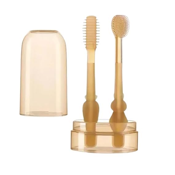 SUNBEET Oral Cleaning Brush 2 In 1 Toothbrush Tongue Brush Bpa Free Soft Silicone Bristle Oral Care Toothbrush For Baby 6 Month To 24 Months,With Storage Box - Manual,Baby - Image 1