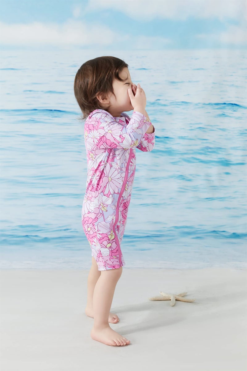 UMELOK Baby Girls Swimsuit One Piece Full Zip with Long Sleeve UPF 50+ Sun Protection Sunsuit Pink Flower,9M - Image 2