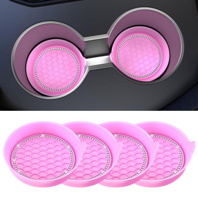 Amooca Car Cup Coaster Universal Non-Slip Cup Holders Bling Crystal Rhinestone Car Interior Accessories 4 Pack Pink - Image 1