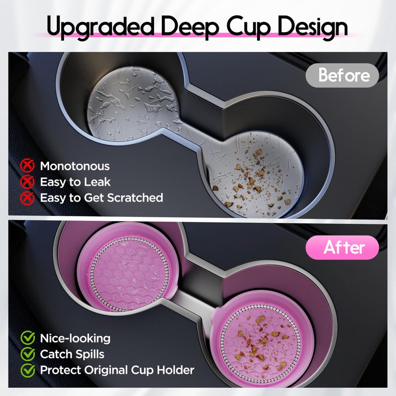 Amooca Car Cup Coaster Universal Non-Slip Cup Holders Bling Crystal Rhinestone Car Interior Accessories 4 Pack Pink - Image 4