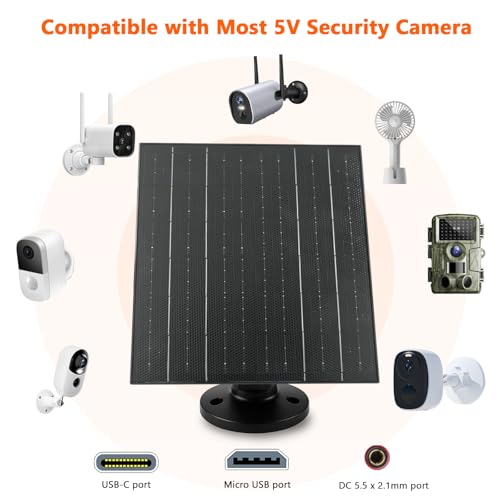 Zivif 10W Solar Charger, 5V Solar Panel for Security Cameras with USB-C/Micro USB/DC 5.5x2.1mm Ports, IP66 Waterproof, 360° Adjustable Mount & 7.2ft Cable - Image 2