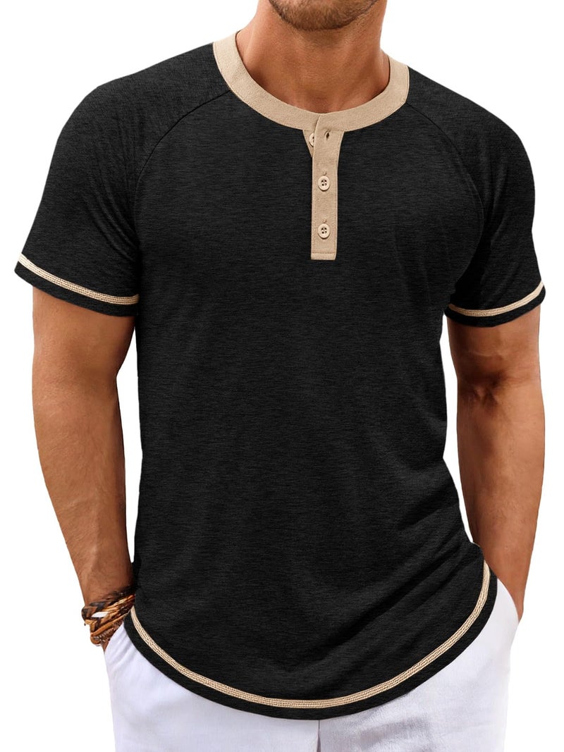Makkrom Mens Henley Shirts Short Sleeve Casual Summer Basic T Shirts Button Vintage Lightweight Tee Tops Black - Image 1