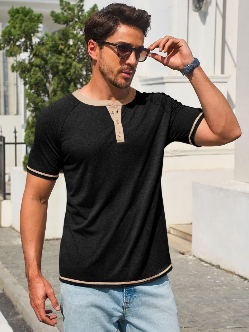 Makkrom Mens Henley Shirts Short Sleeve Casual Summer Basic T Shirts Button Vintage Lightweight Tee Tops Black - Image 3