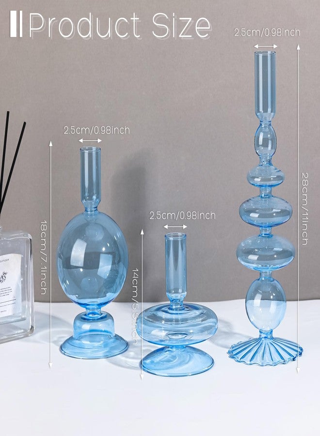 Rtteri حاملات الشموع الزجاجية Rtteri 3 قطع حاملات شموع زجاجية أنيقة ومتموجة لحفلات الزفاف وديكور المنزل والاحتفالات (أزرق فاتح) - Image 2