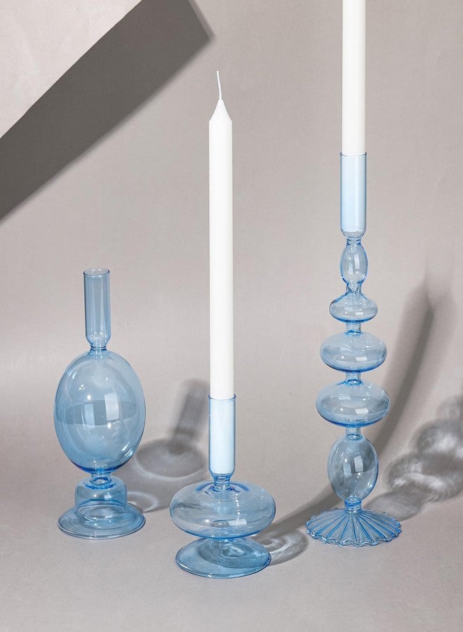 Rtteri حاملات الشموع الزجاجية Rtteri 3 قطع حاملات شموع زجاجية أنيقة ومتموجة لحفلات الزفاف وديكور المنزل والاحتفالات (أزرق فاتح) - Image 5